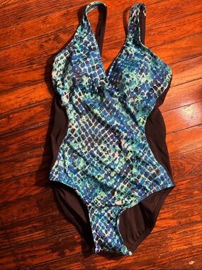 Aqua Green Teal & Blue Abstract Print One-Piece Swimsuit
